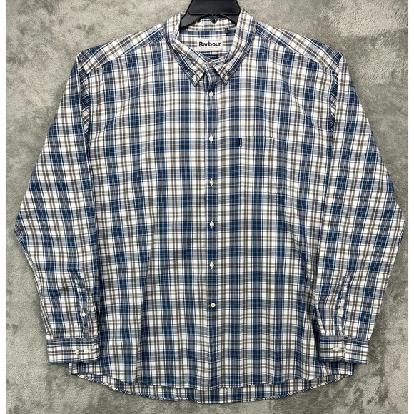 Barbour Men's Shirt 5XL White Blue Plaid Tailored Fit Long Sleeve‎ Button Up - Picture 1 of 9